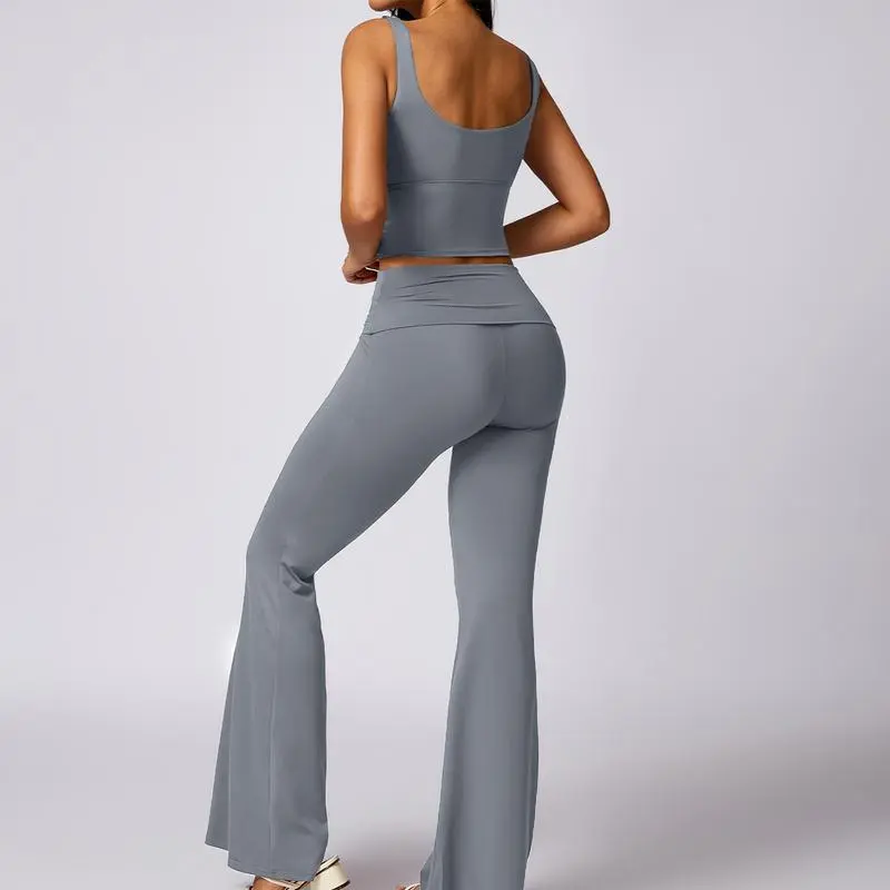 Women's 2-Piece Deep V Neck U-Back Tank & High-Waist Flared Leggings Set