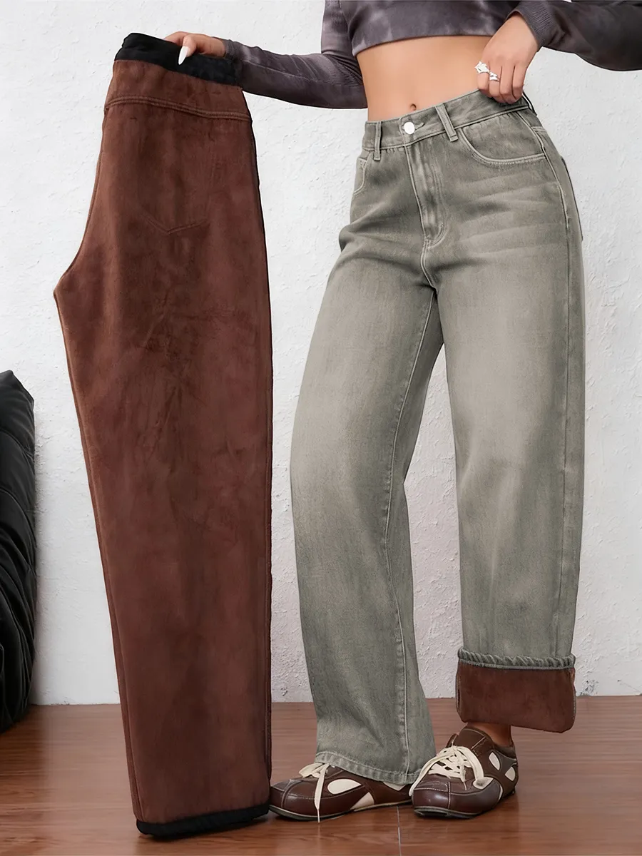 Women's Vintage Fleece-Lined Thickened Fall Winter Wide Leg Jeans