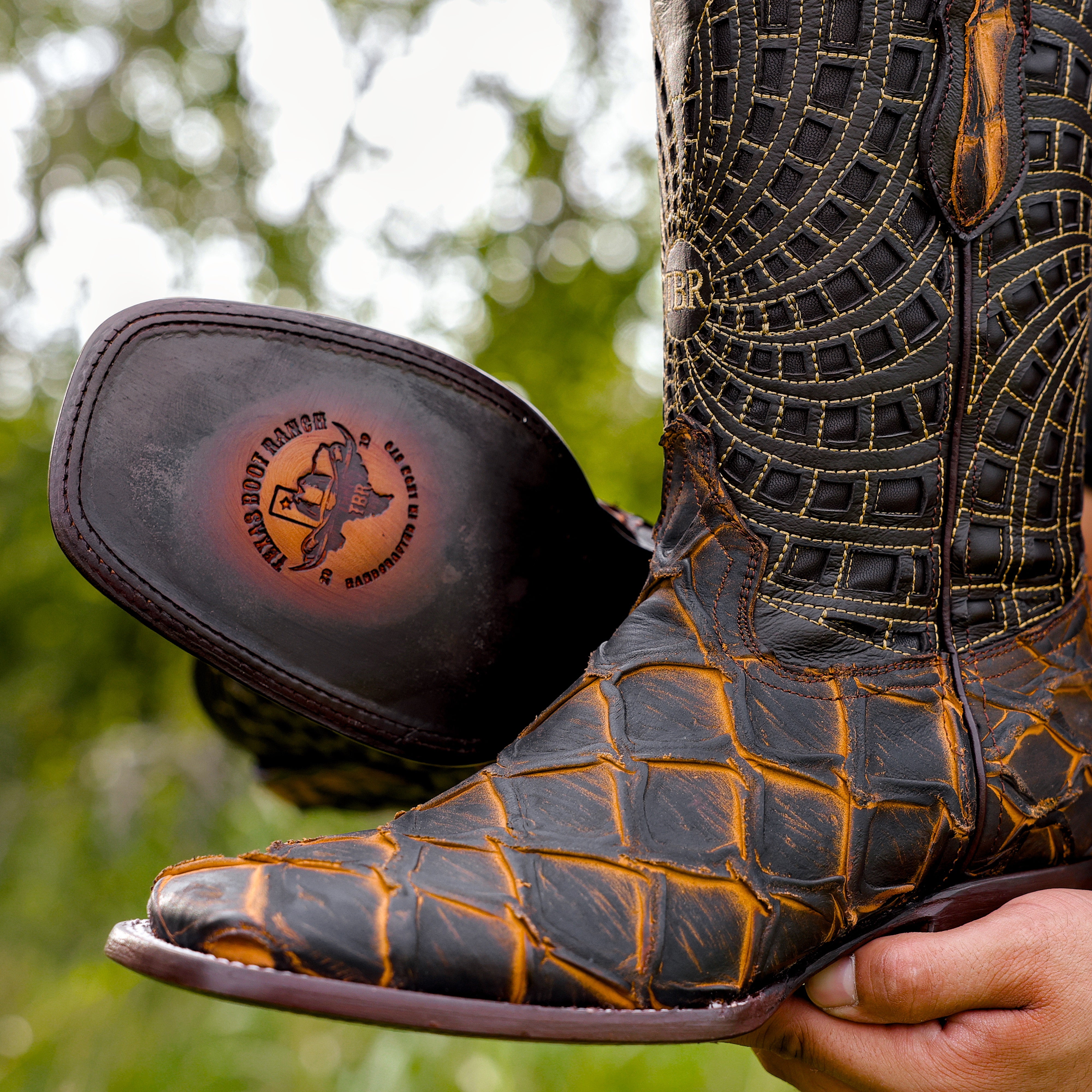 Matte Rustic Black/Honey Pirarucu Leather Boots - Square Toe