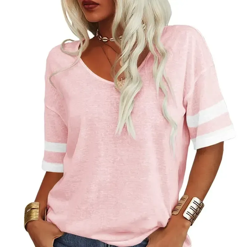 Women Soft V Neck Tshirt Half Sleeve Lightweight Solid Color Loose Fit Minimalist Top