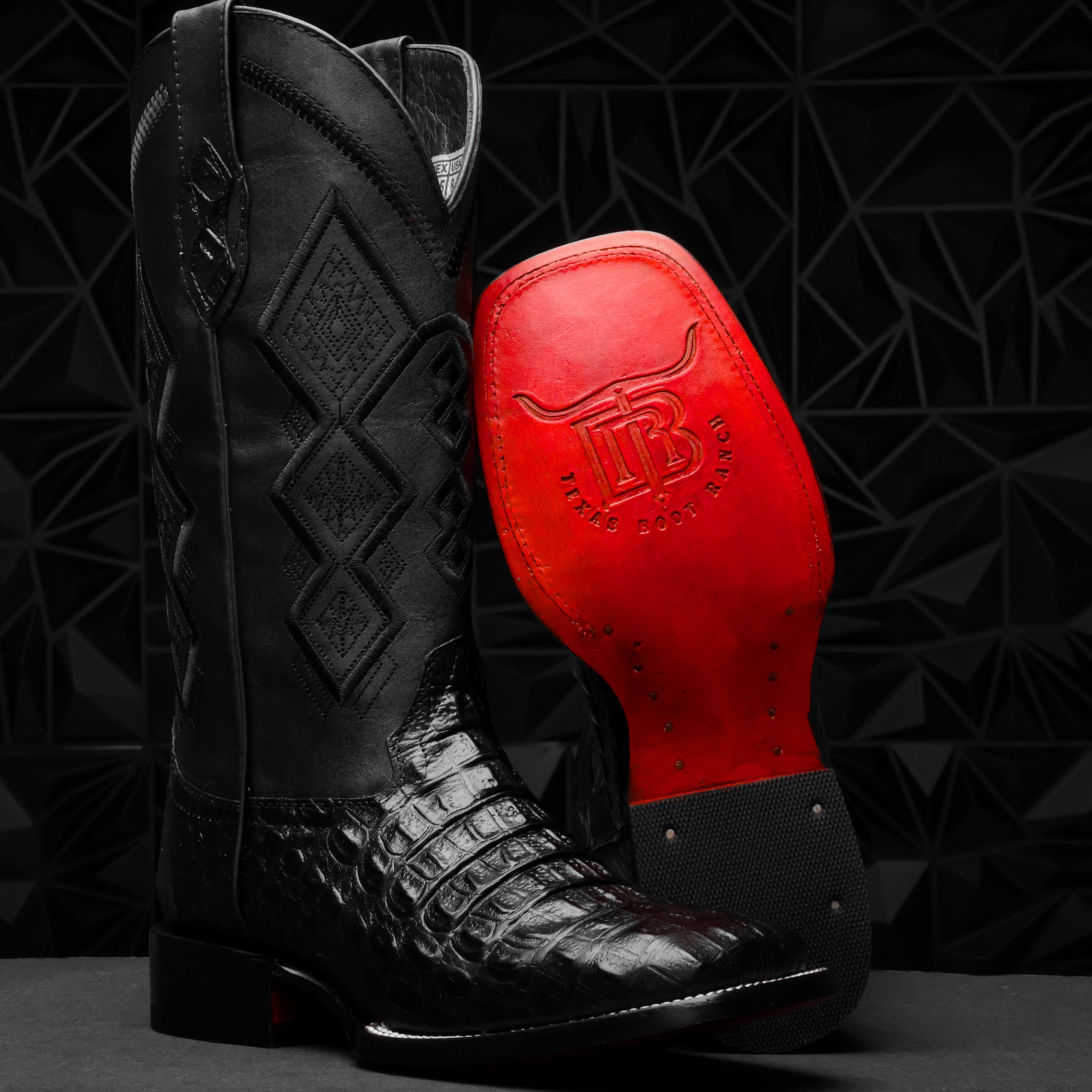 Black Caiman Hornback Leather Boots - Square Toe