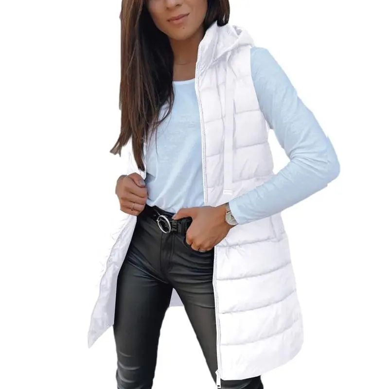 Women Long Vest Solid Color Sleeveless Hood Winter Puffer Vest Outwear