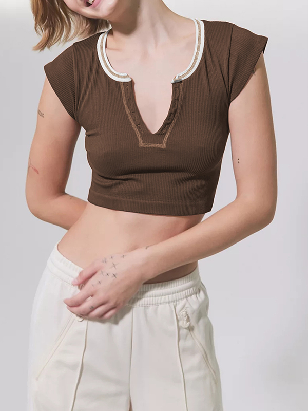 Split-Joint Cap Sleeve Skinny Deep V-Neck Vest Top