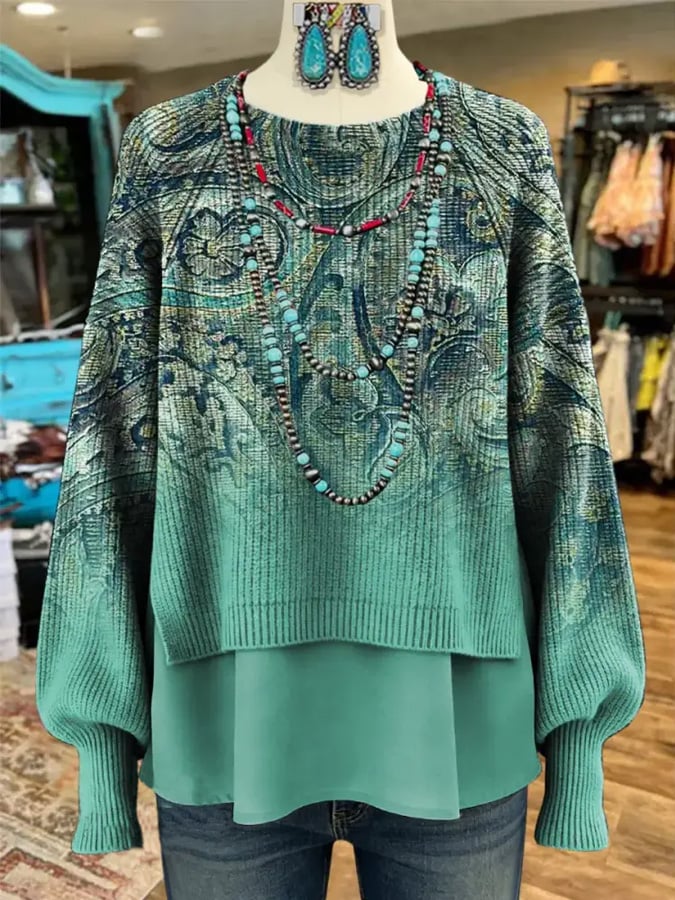 Women'S Vintage Western-Style Printed Top