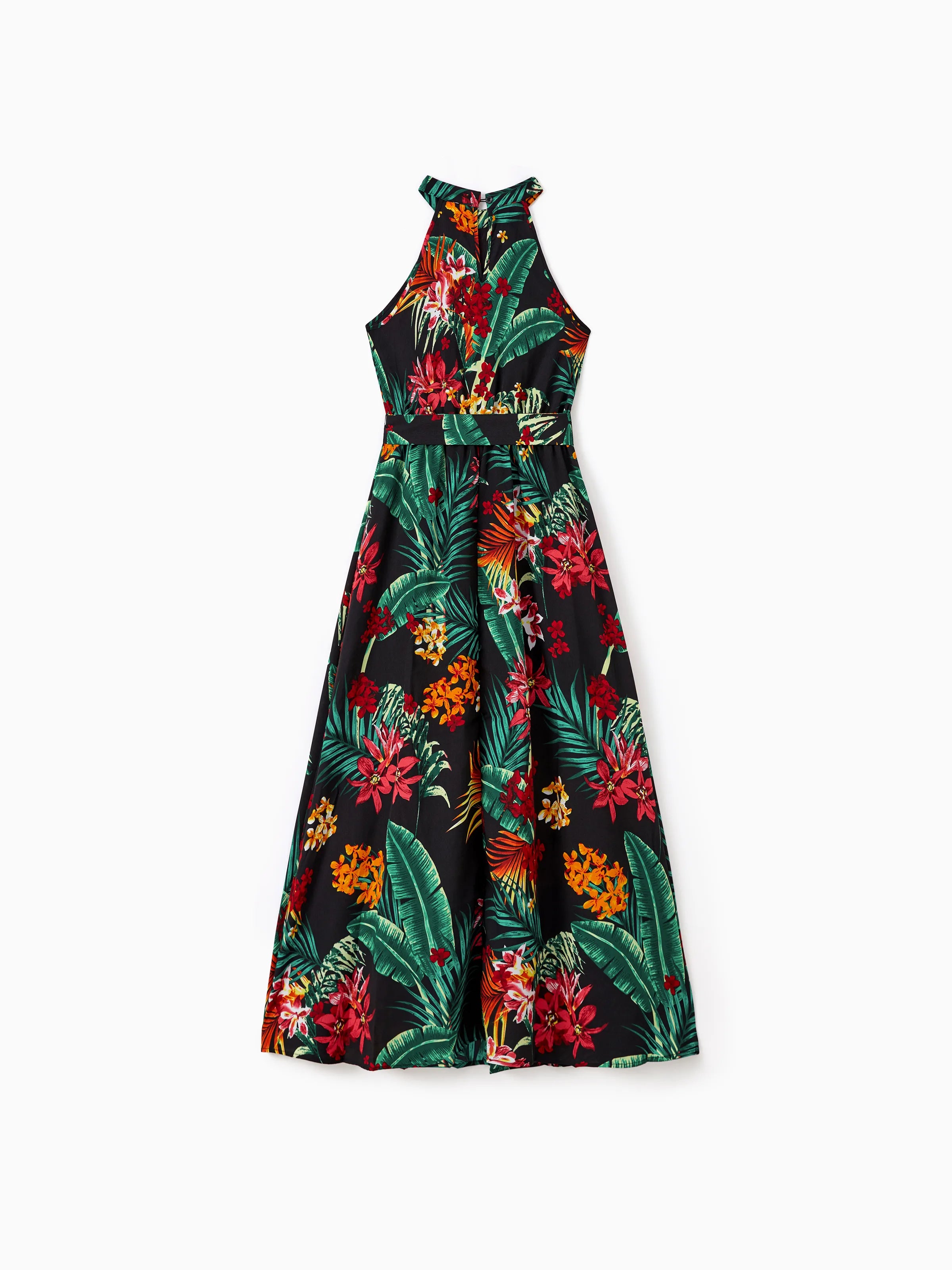 Family Matching Allover Plant Floral Print Halterneck Dresses and Short-sleeve Shirts Sets Black