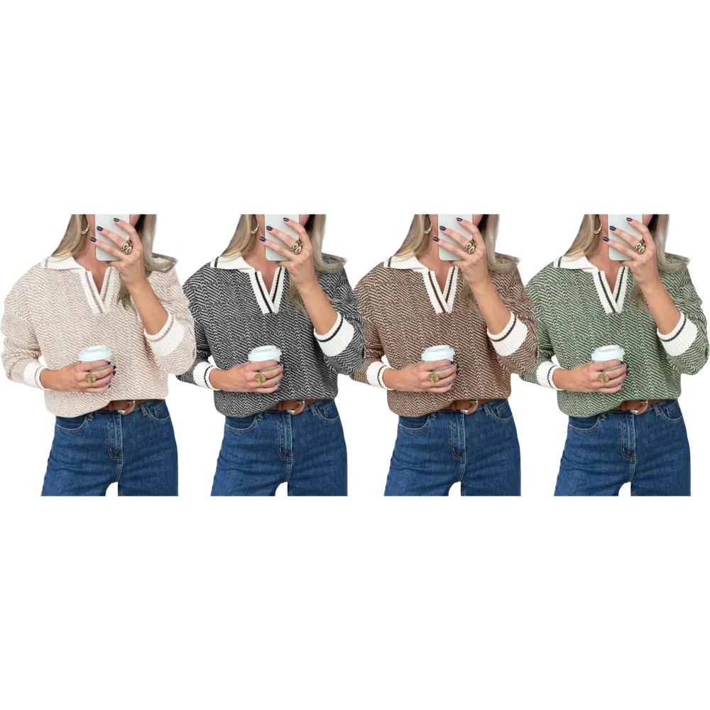 Womens V Neck Knit Sweater Color Block Long Sleeve