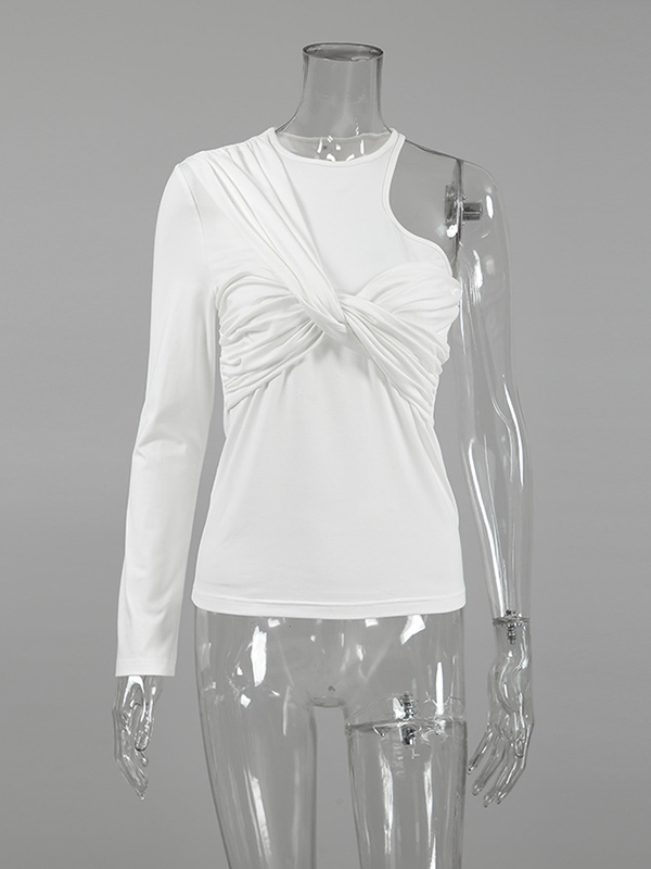 Asymmetric Knot Pleated Solid Color Long Sleeves Skinny Round-Neck T-Shirts Tops