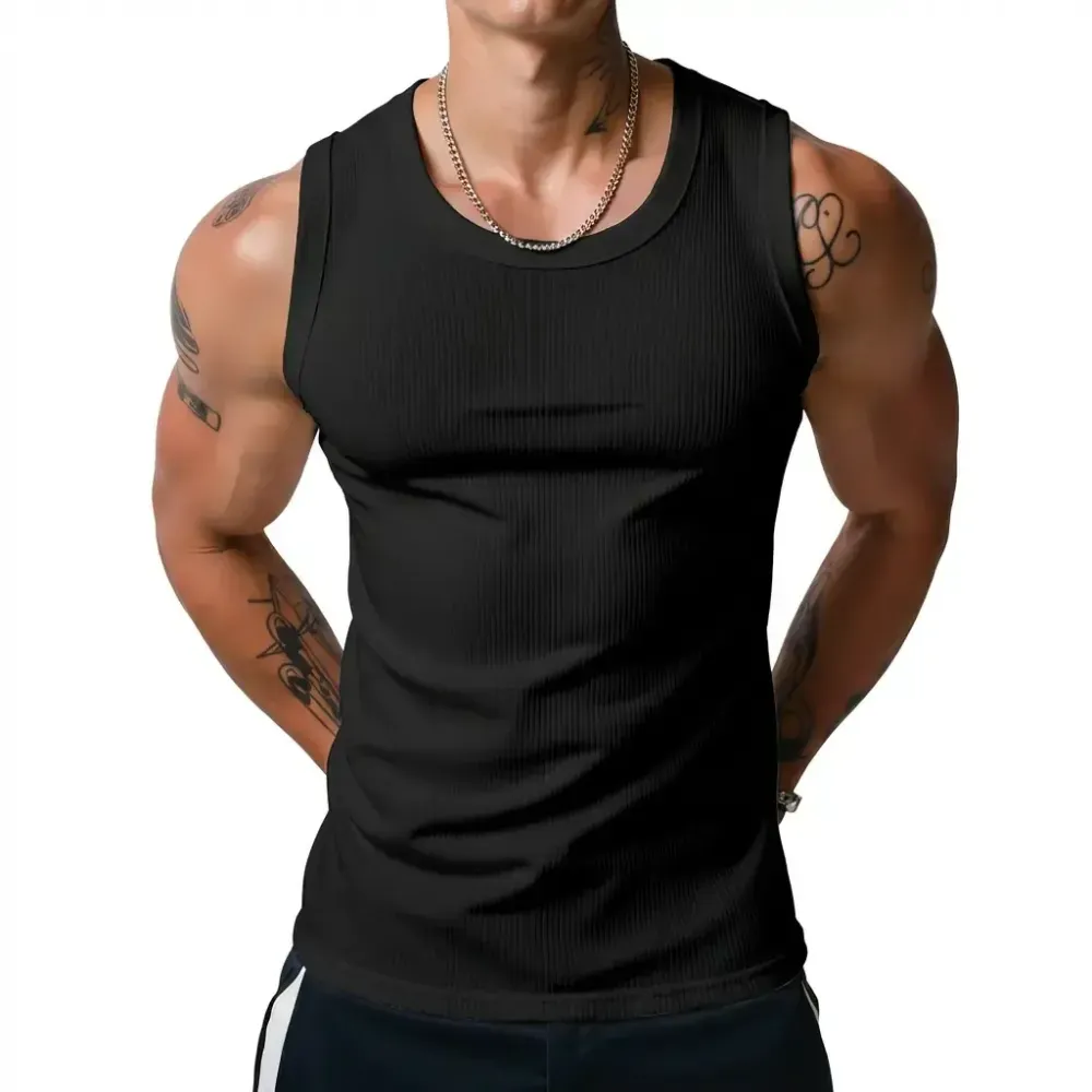 Men’s Wide Strap Ribbed Tank Top, High Stretch Breathable Muscle Tank, Heavyweight Drapey Fit Gym & Casual Sleeveless Shirt