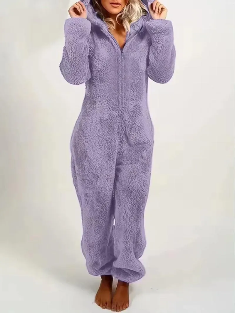 Women's Solid Zipper Hooded Plush Pajama Jumpsuit