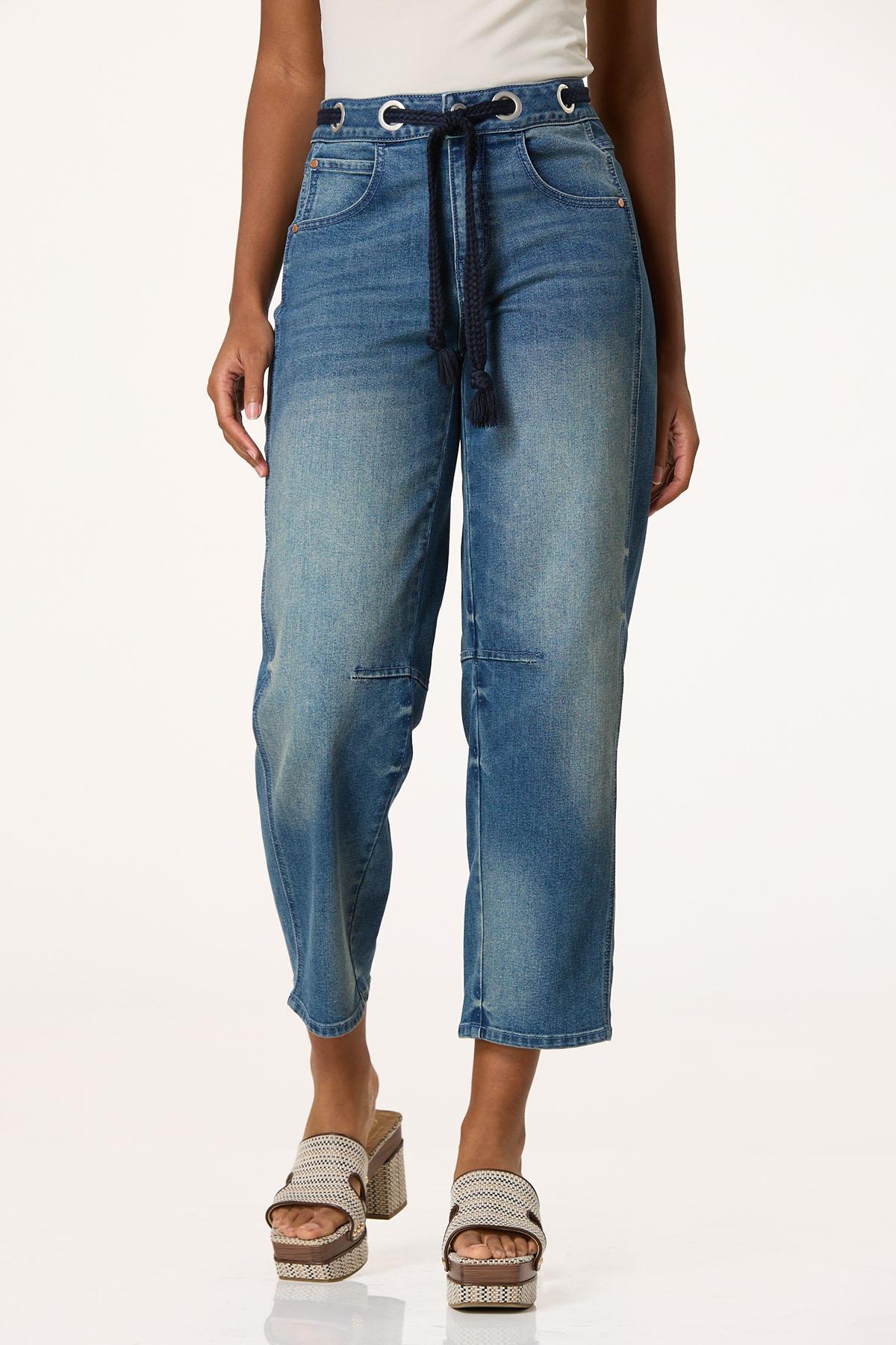 Rope Belt Barrel Leg Jeans