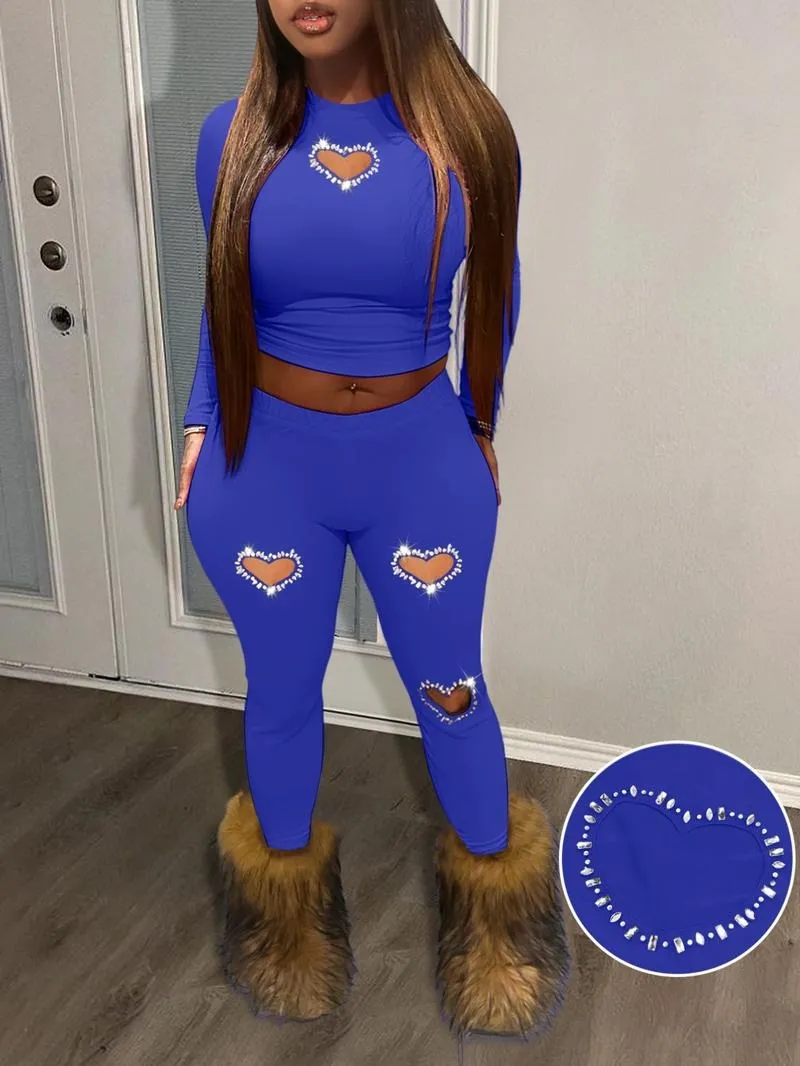 Two-Piece Set Women's Rhinestone Heart Decor Cut Out Crop Top & Skinny Pants Set