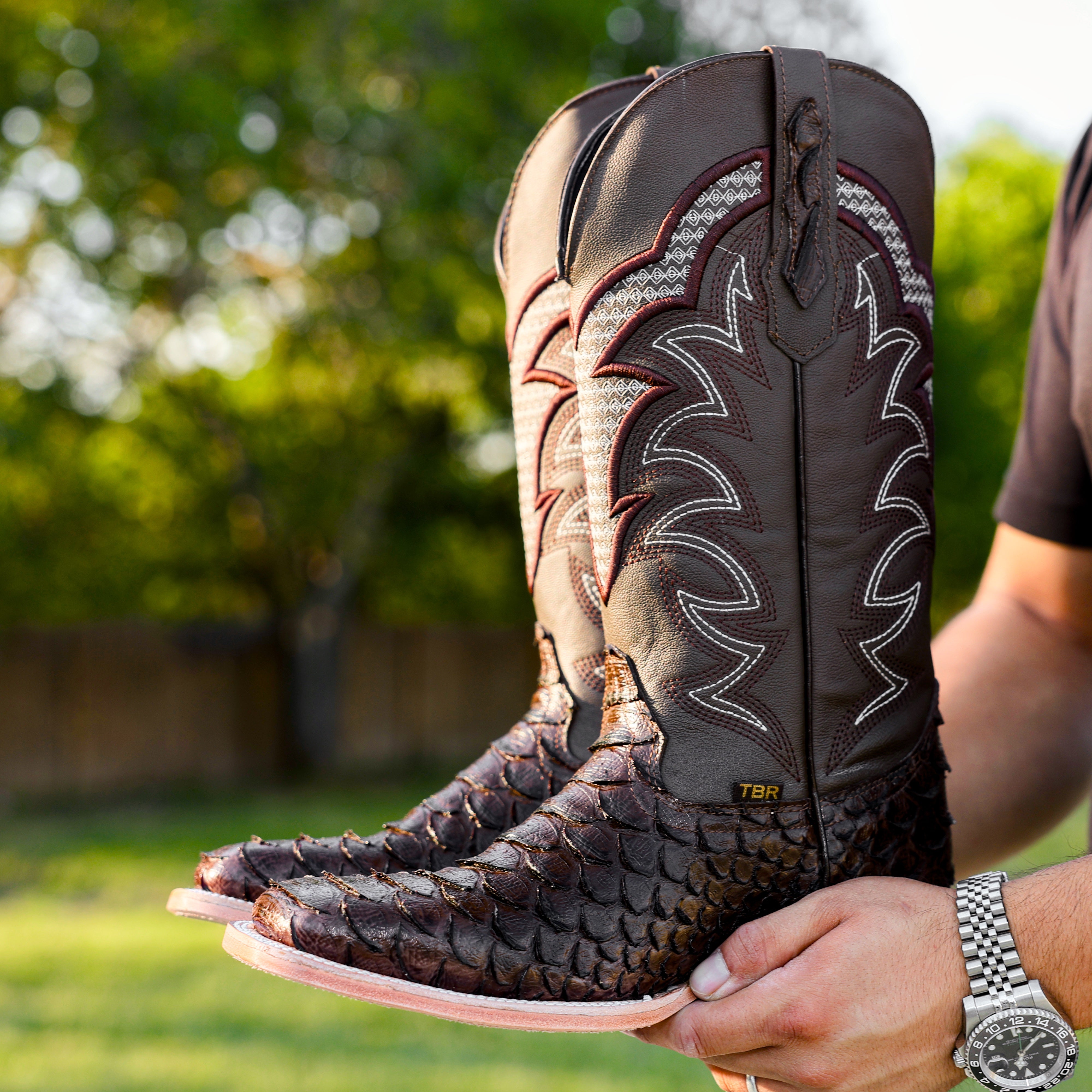 Brown Python Leather Boots - Square Toe