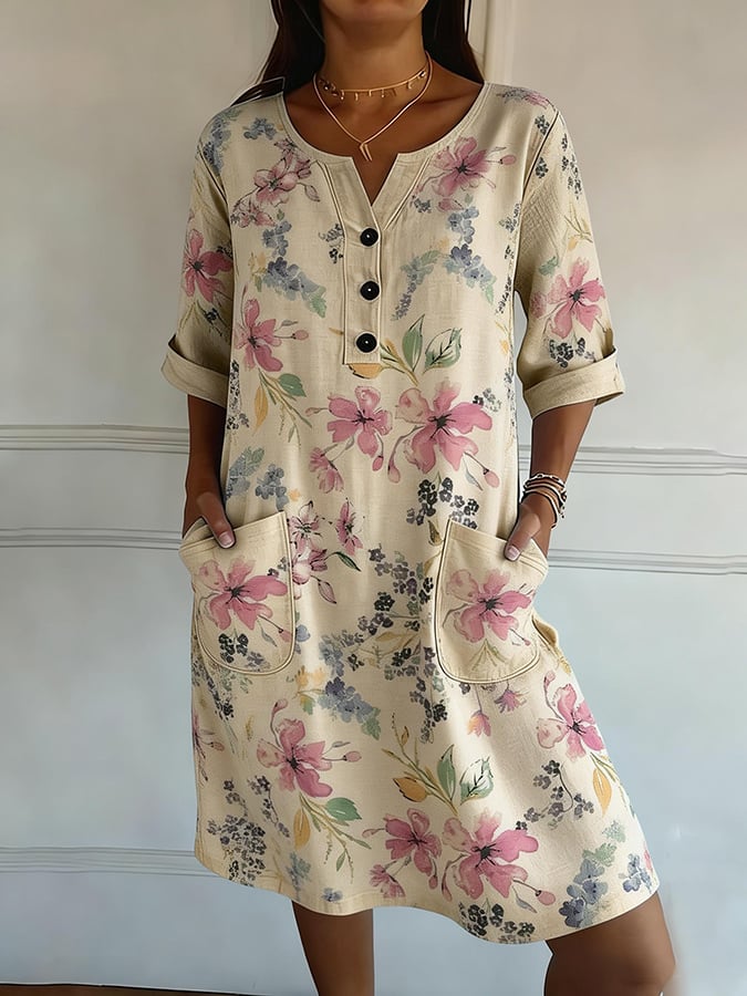 Women's Casual Retro Cotton Linen Floral Dress- Fast Shipping