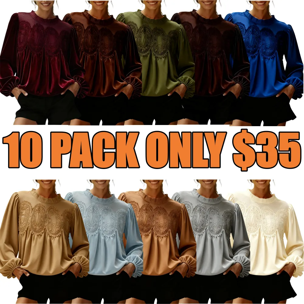 Women's Elegant Long-Sleeve Lace Velvet-Trim Swing Blouse