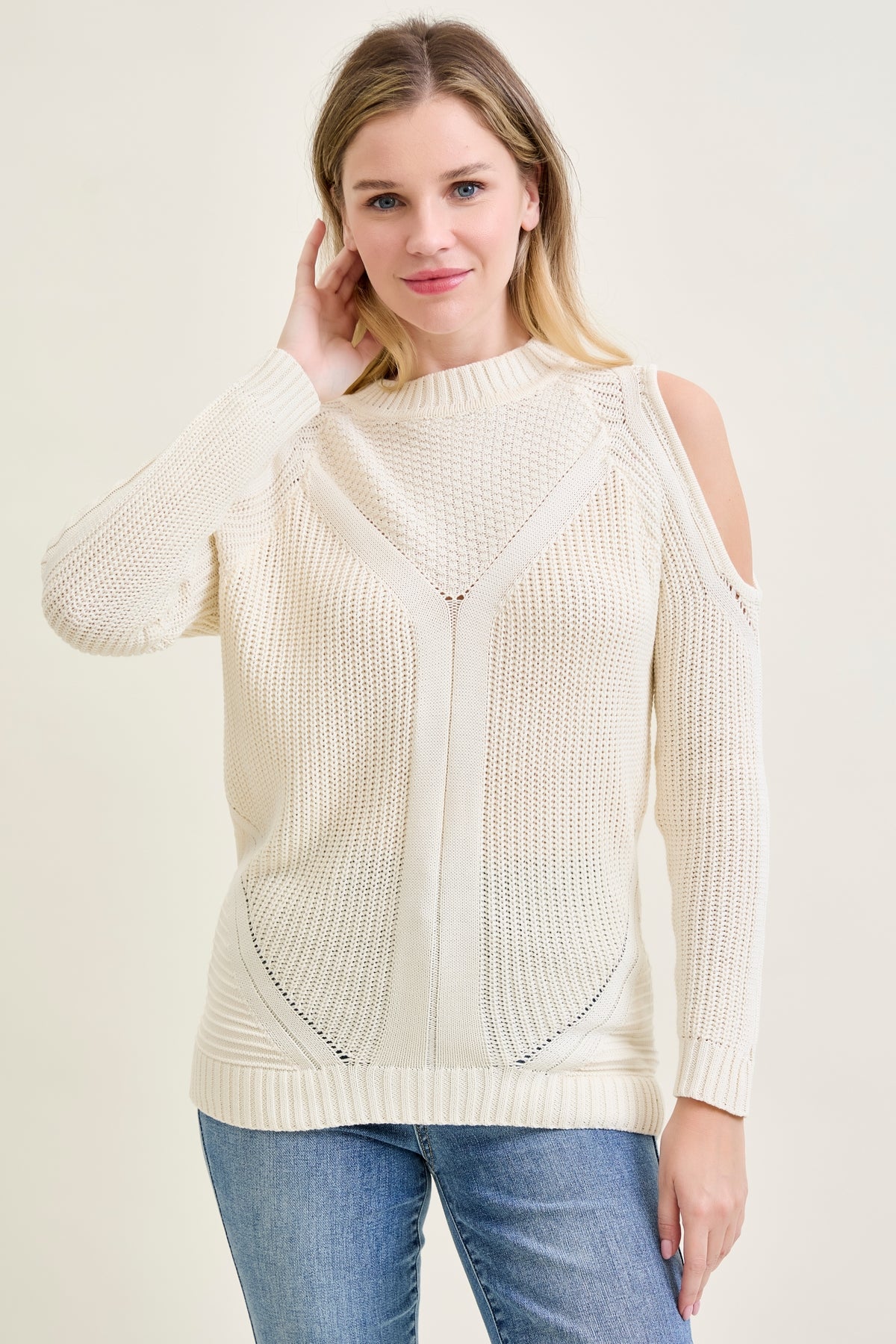 Cold Shoulder Cable Pullover White Sweater