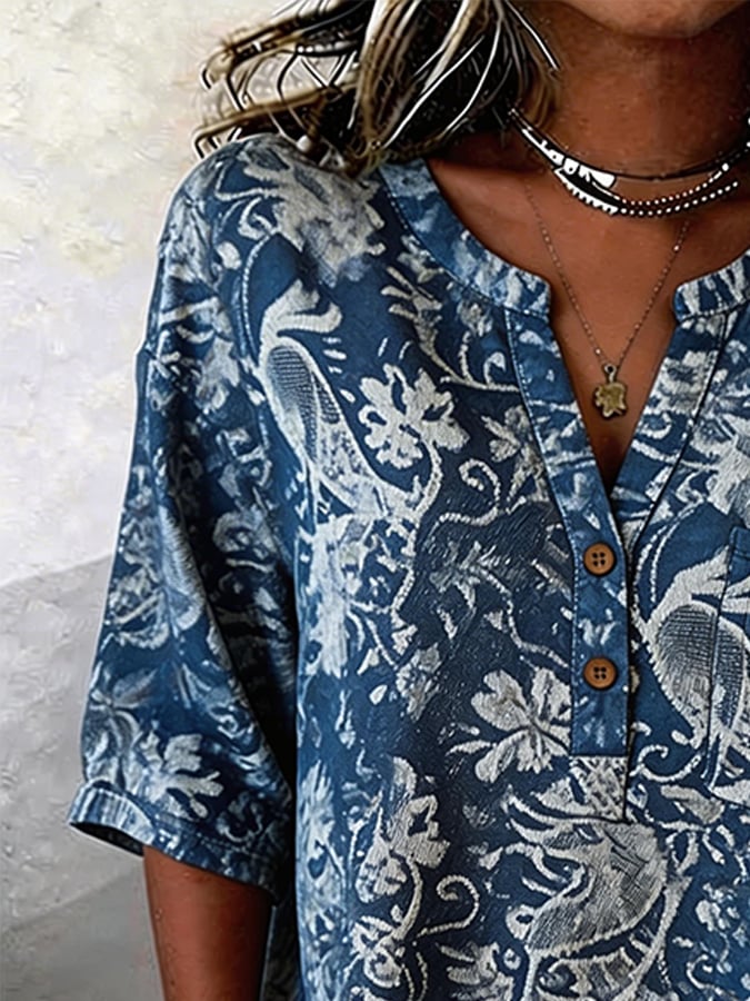 Women's Casual Denim Jacquard Short-Sleeve Top