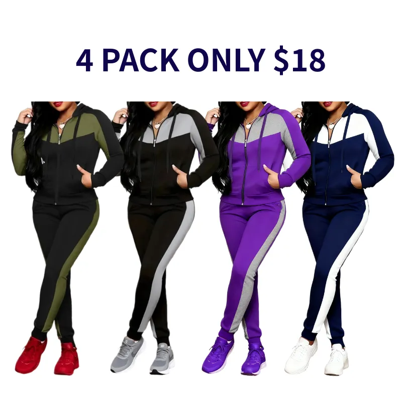 Two-piece Set Women's Colorblock Zip Up Hoodie & Pocket Pants