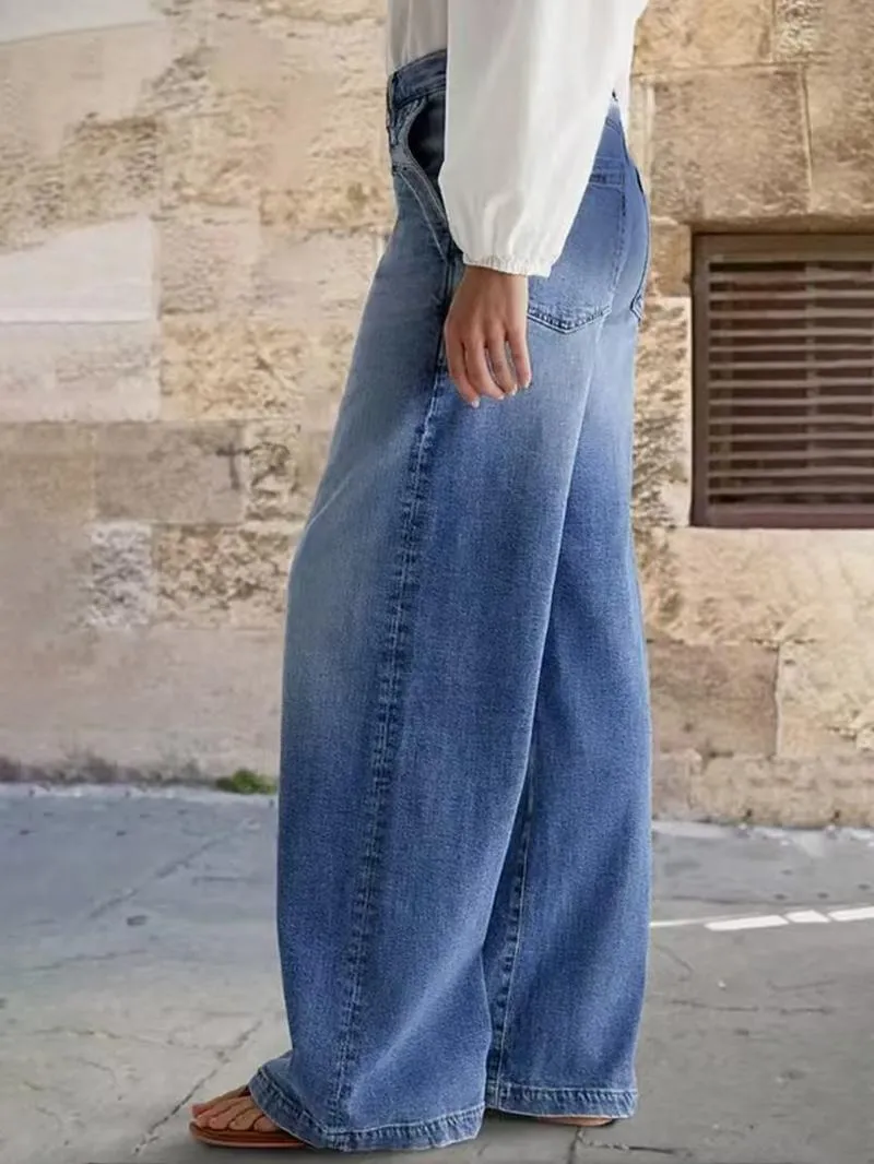 Women's Denim Wide Leg Pants with Pocket Patches, Casual Loose Fit Jeans for Daily Wear