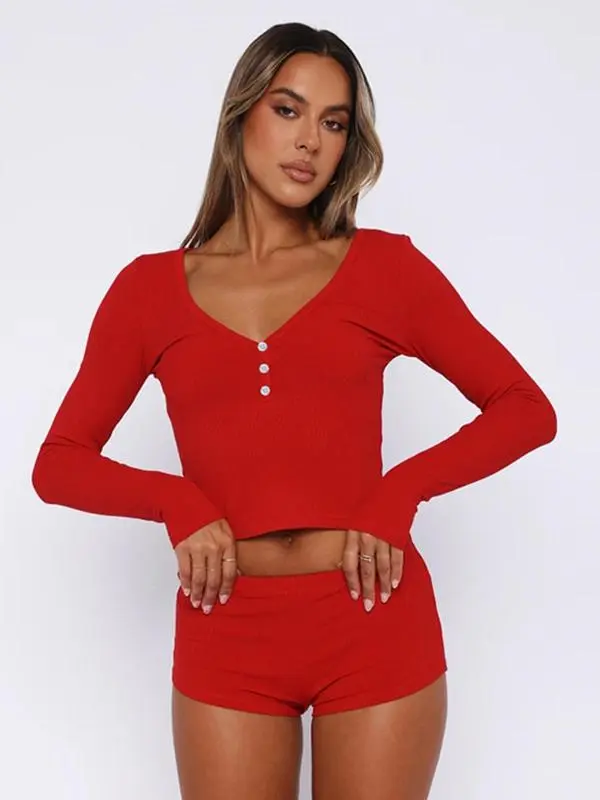 Women's Solid Long Sleeve Crop Top & High Waist Shorts Set