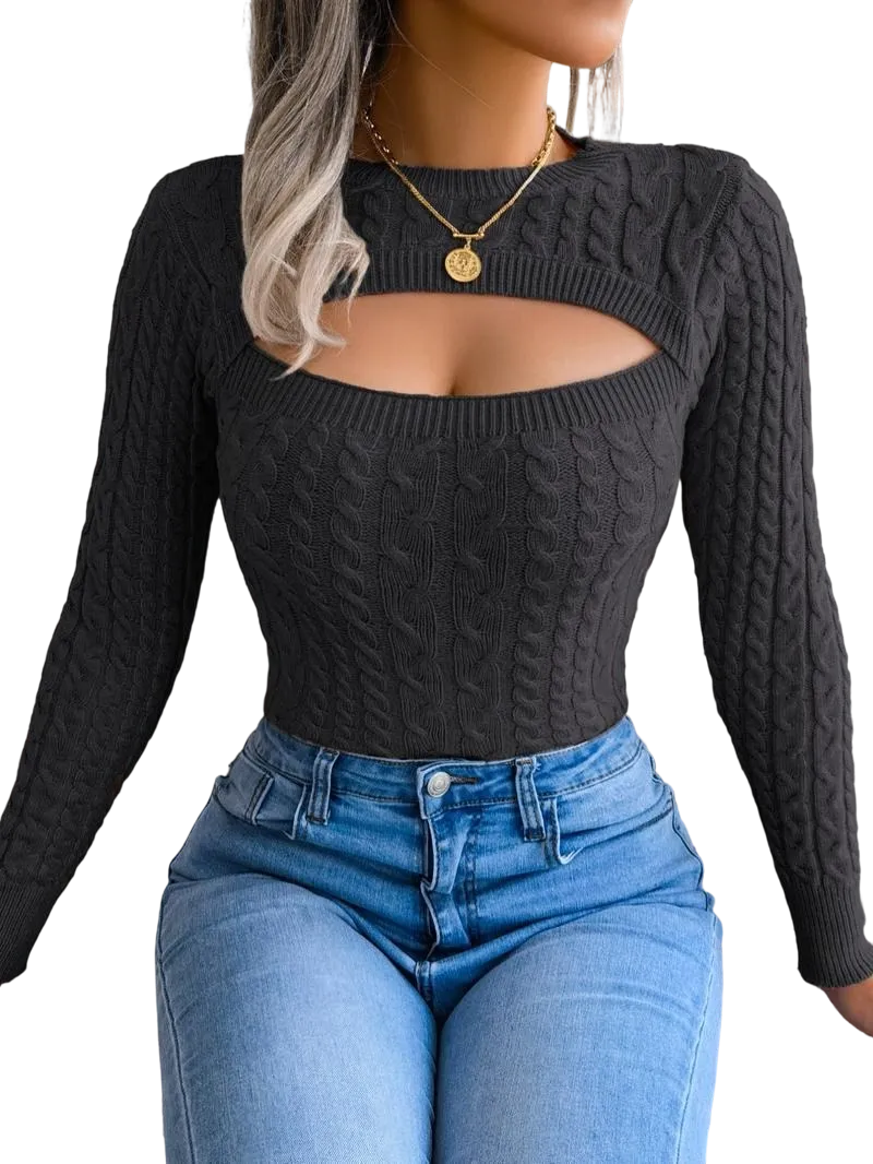 Women's solid color openwork round neck sweater