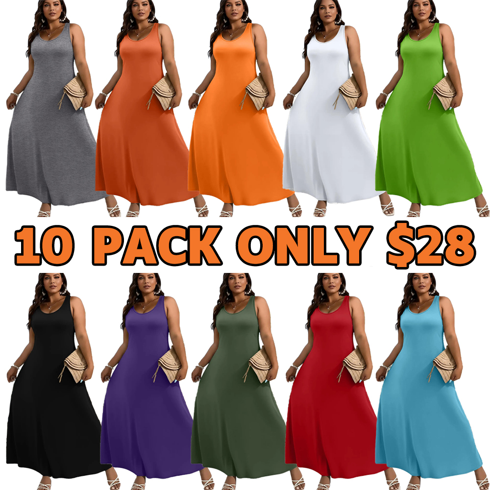 🔥🔥10 PACKS $28|Elegant Plus Size Women's Solid Color Sleeveless Vest Dress