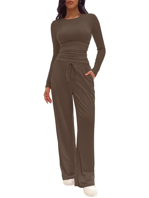 Women's Solid Ruched Tee & Drawstring Pocket Pants Lounge Set