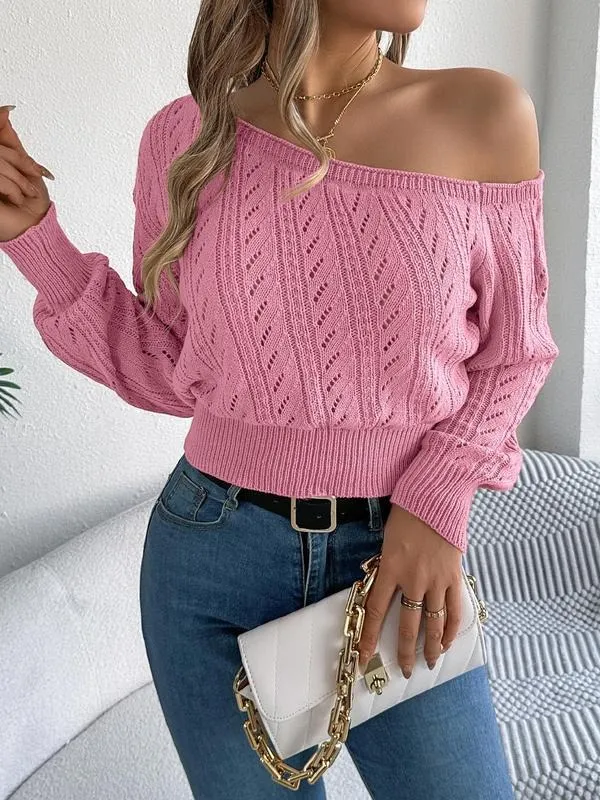 Women's Plain Textured Hollow Out Asymmetrical Neck Sweater