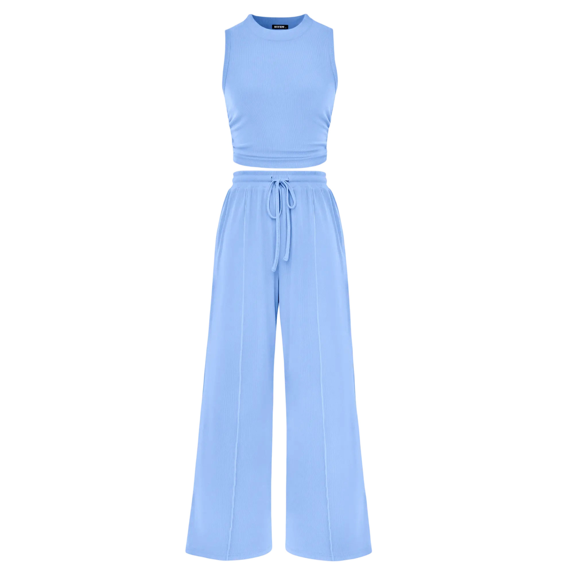 Women's Summer Two-Piece Set — Ribbed Knit Crew Neck Sleeveless Cropped Top