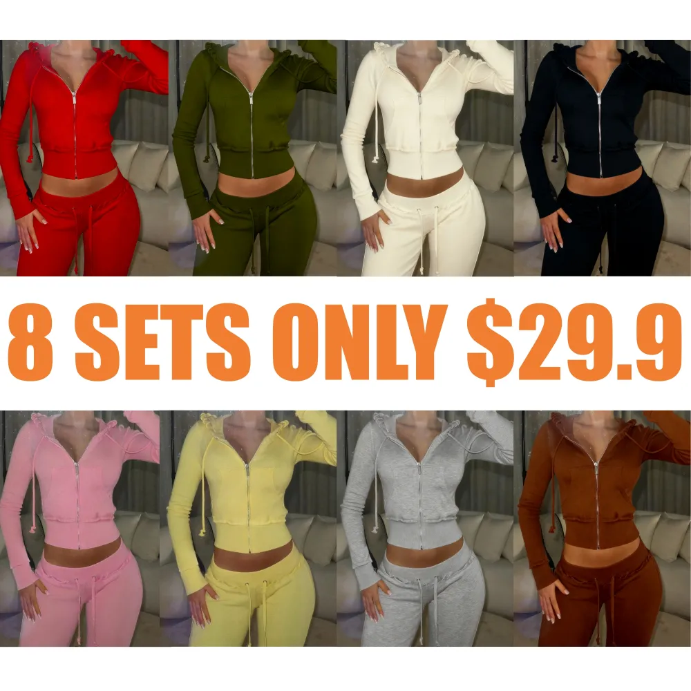 Women's Solid Drawstring Zip Up Crop Hooded Jacket Sets