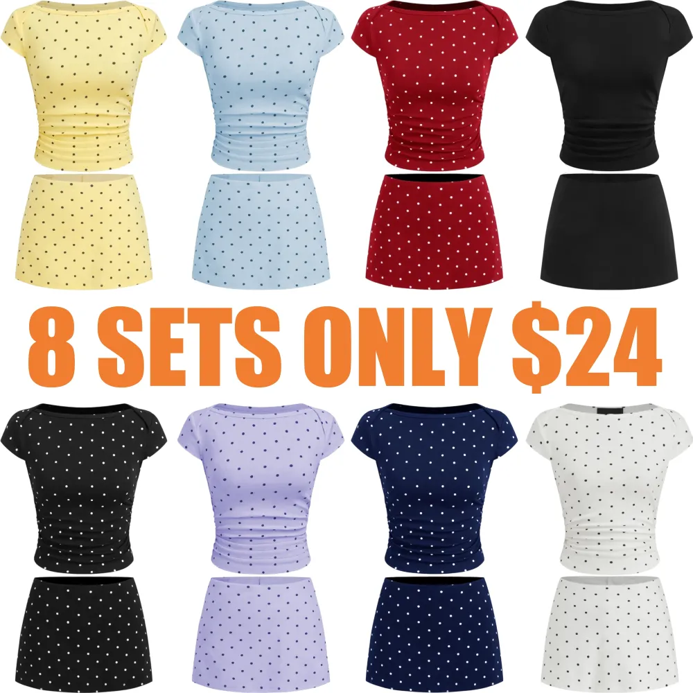 Cotton-Blend Polka Dot Boat Neck Tee & Mini Skort Set