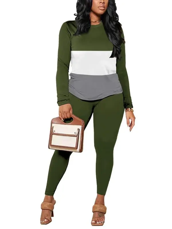 Two-Piece Set Women's Striped Print Long Sleeve Tee & Skinny Pants Set