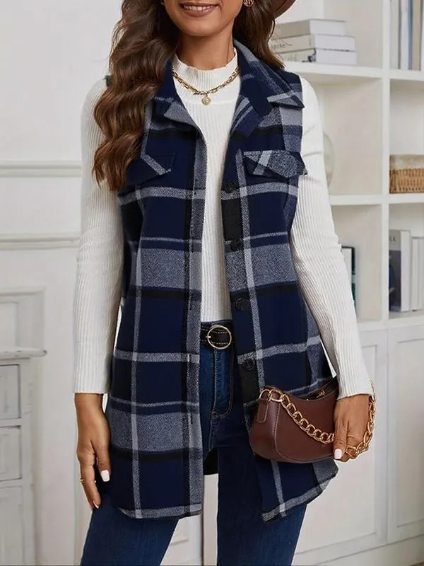 Women's Plaid Print Button Front Vest Coat