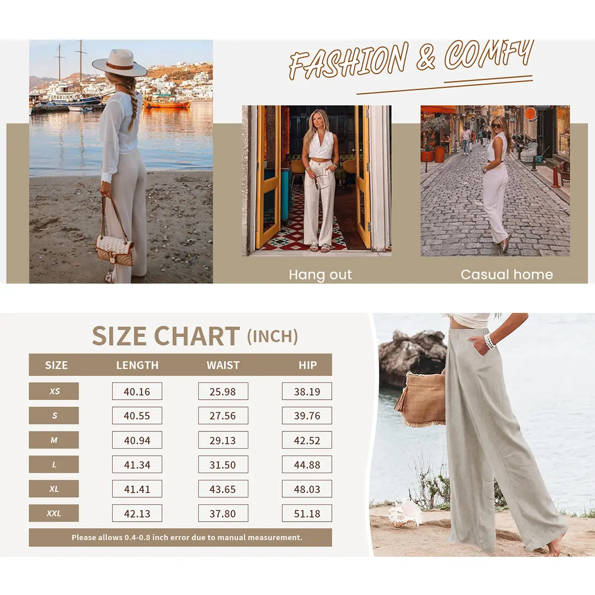 Kingapril Womens Cotton Linen Pants Casual Button Up High Waisted Wide Leg Trousers