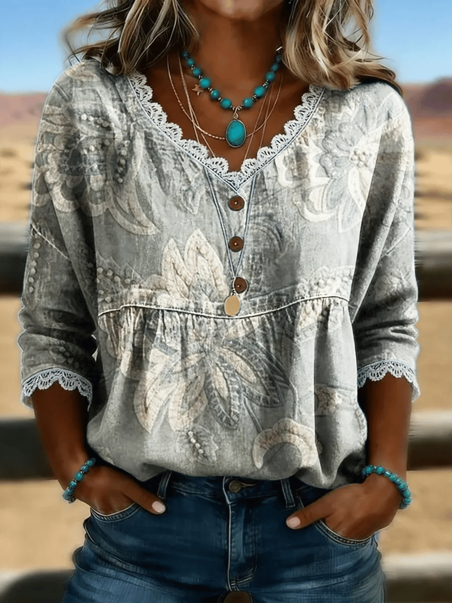 Women's Casual Retro Floral Print Cotton-Linen Cutout Top