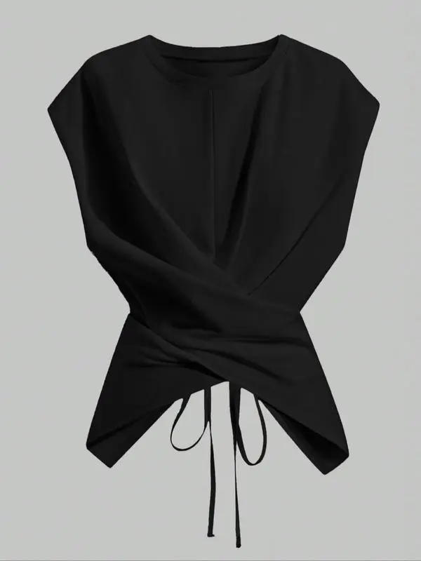 Women's Knitted Round Neck Drop Shoulder Sleeve T-Shirt