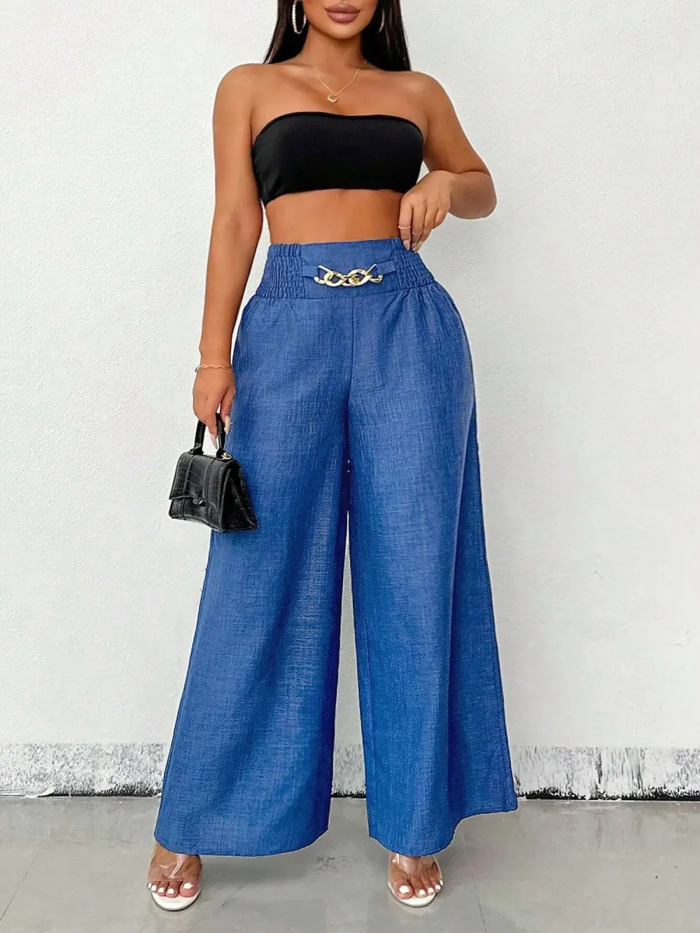 Women's Solid Color High-Waisted Pants, Stretchable Loose-Fitting Wide-Leg Trousers