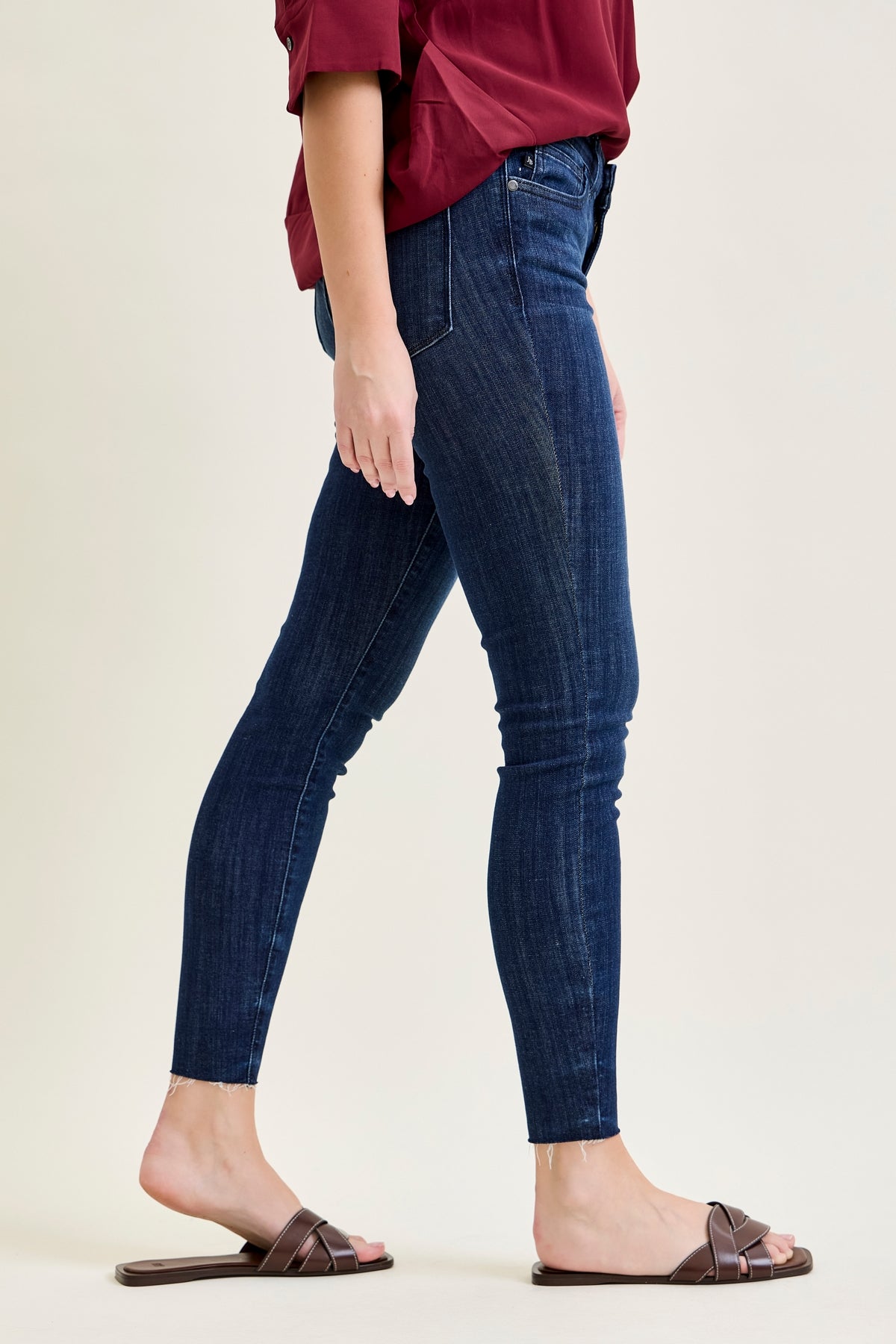 Kinsley Edgy Mid Rise Skinnies with a Raw Twist