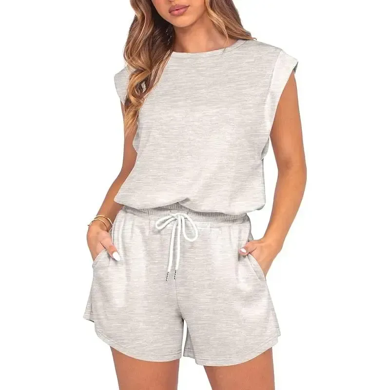 Women 2026 Summer Cap Sleeve Adjustable Drawstring Waistband Cozy Lounge Short Jumpsuit With Pocket