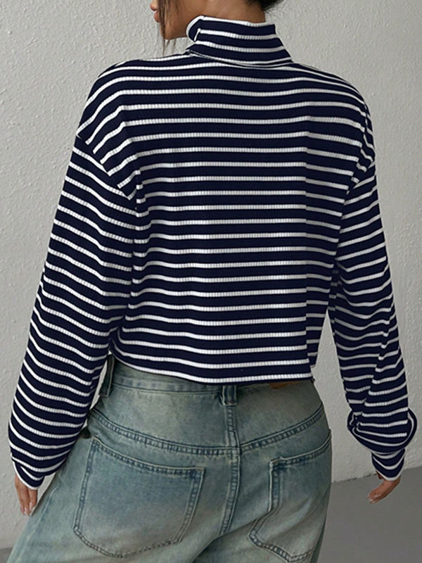 Contrast Color Split-Joint Striped Long Sleeves Loose High Neck T-Shirts Tops
