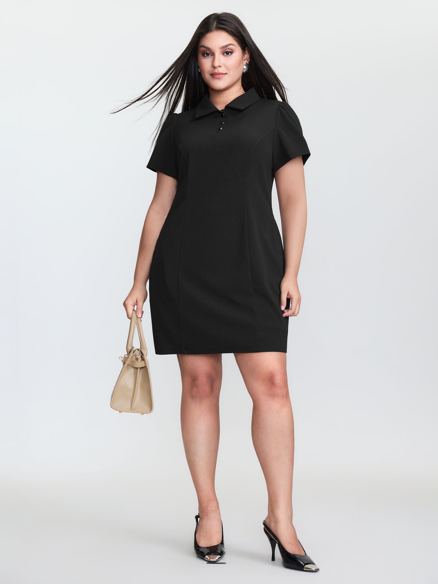 Polo Collar Button Detail Pockets Knee Dress