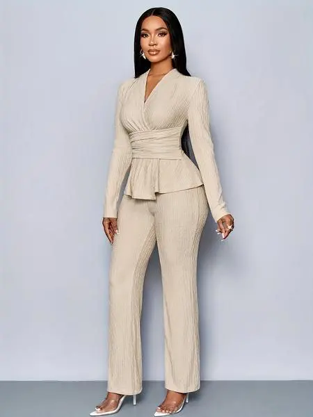 Elegant V-Neck Long Sleeve Top & Wide Leg Pants Set