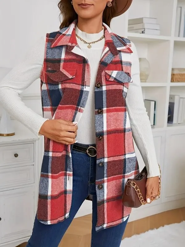 Women's Plaid Print Button Front Vest Coat