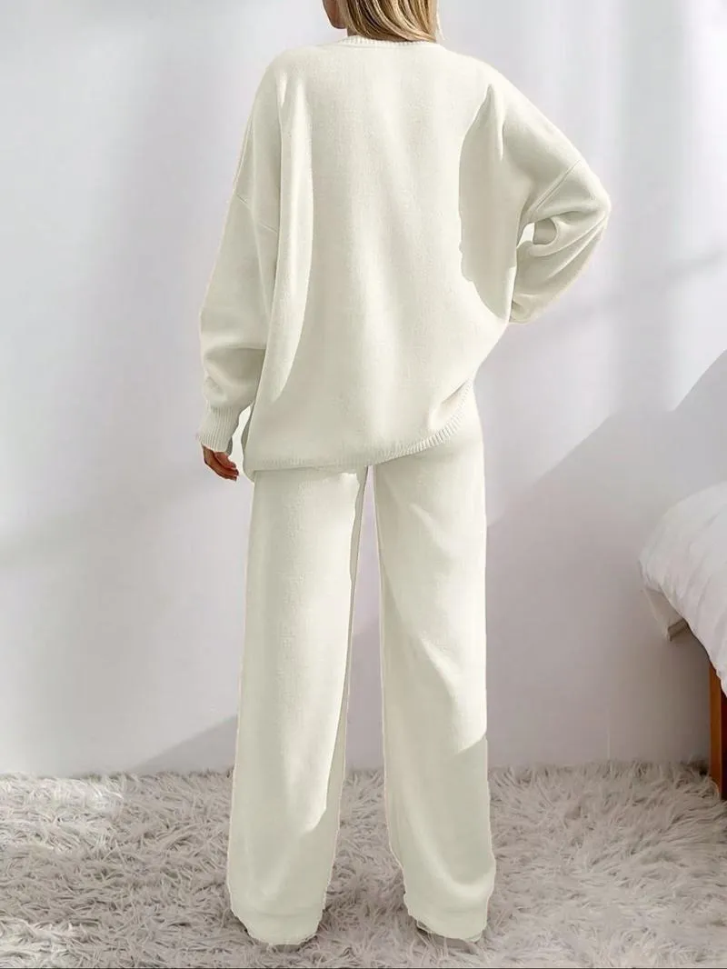 Women's Solid Button Front Drop Shoulder V Neck Cardigan & Elastic Waist Wide Leg Pants Two-piece Set, Matching Clothing Set