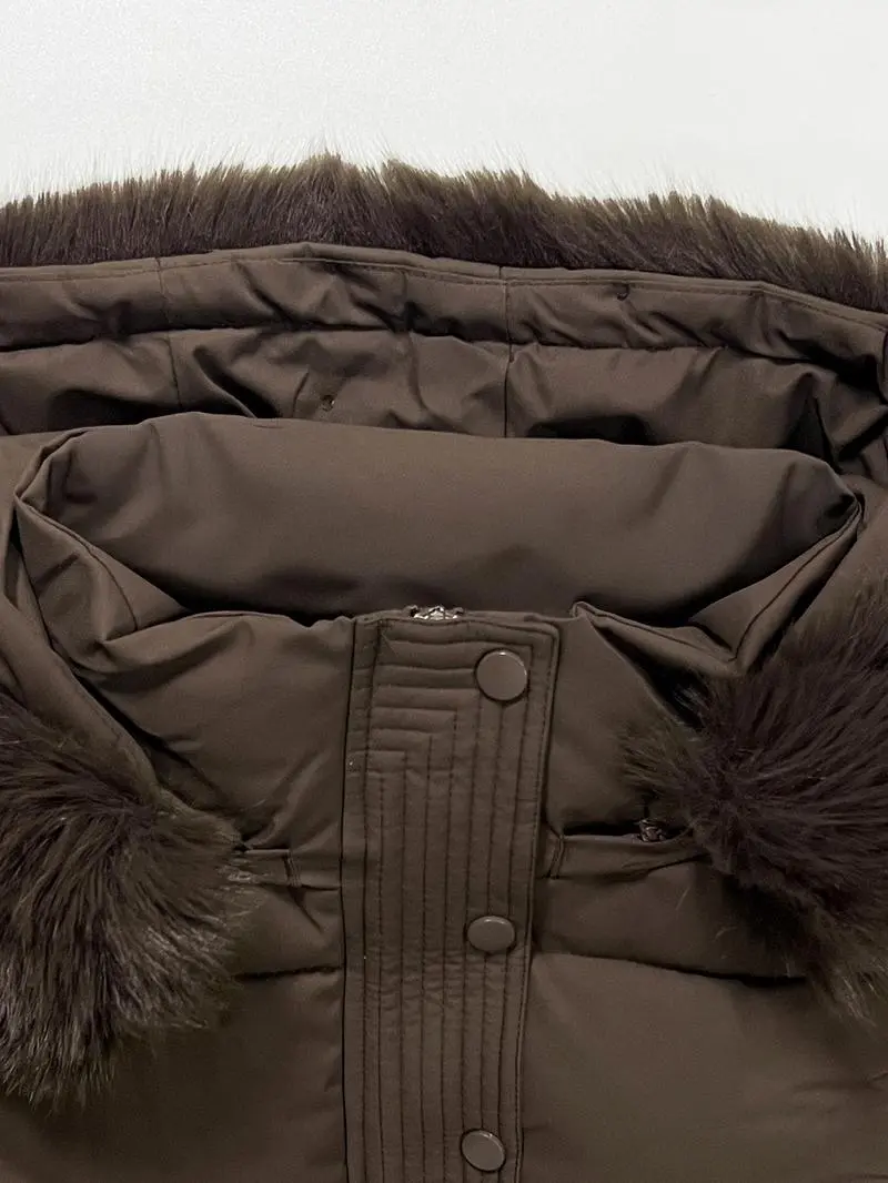 Women's Versatile Solid Color Fluffy Hooded Zip-Up Belt Decor Cotton Coat