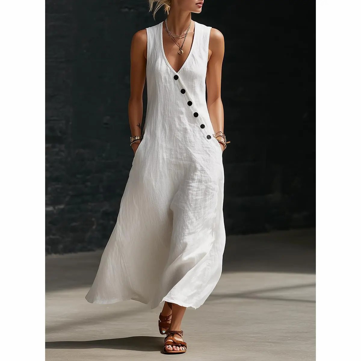 Women’s Sleeveless Linen Maxi Dress – V-Neck Button Detail with Pockets