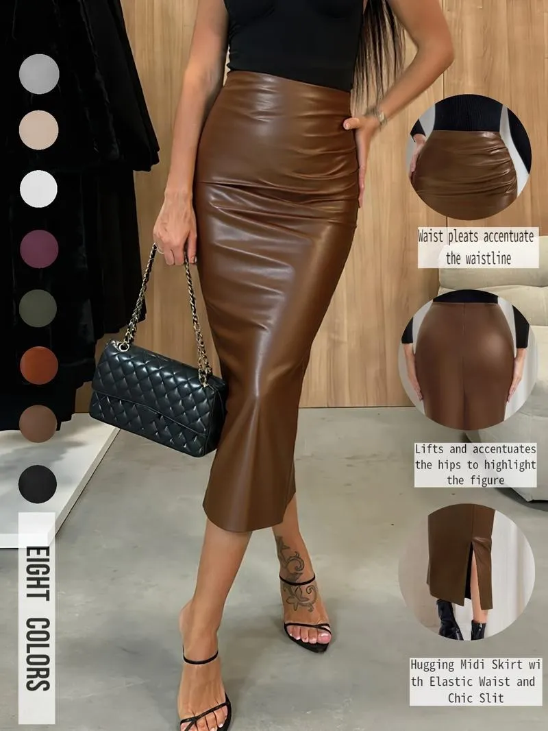 Women's Solid Color PU Leather Skirt, Fashionable Casual Skirt for Daily Outdoor Wear