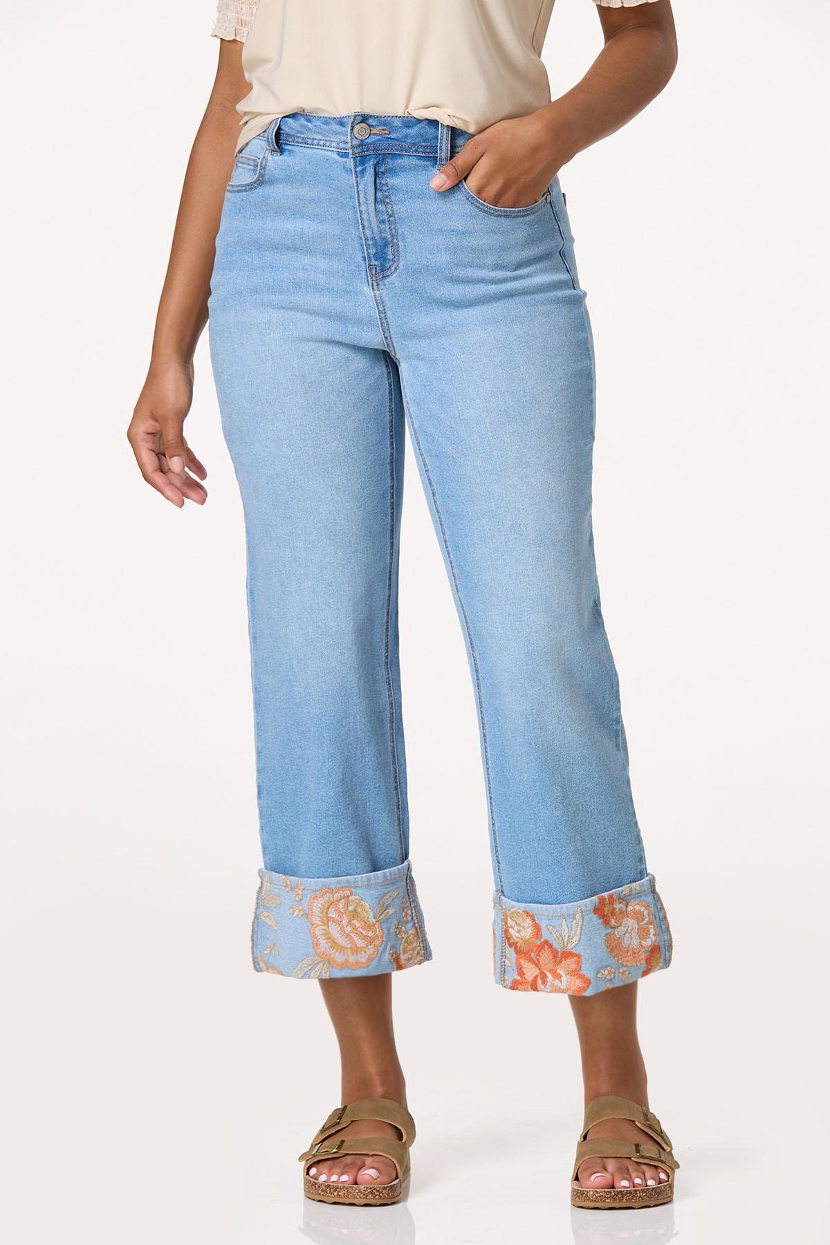 Cropped Floral Embroidered Cuffed Jeans