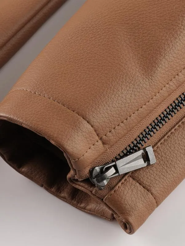 Men's Windproof Leather Jacket with Zipper Closure Solid Color Sport Style Pilot Motorcycle Model Multi