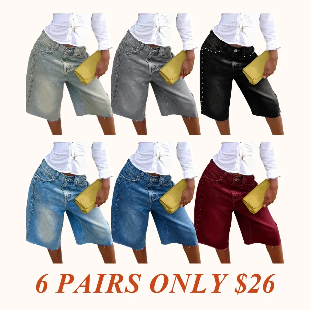 Washed Studded Wide-Leg Denim Jorts, Raw Hem High-Waisted Bermuda Shorts