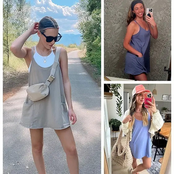 Women's Summer Sleeveless Mini Dress V Neck Spaghetti Straps Athletic Built-in Shorts Sundress